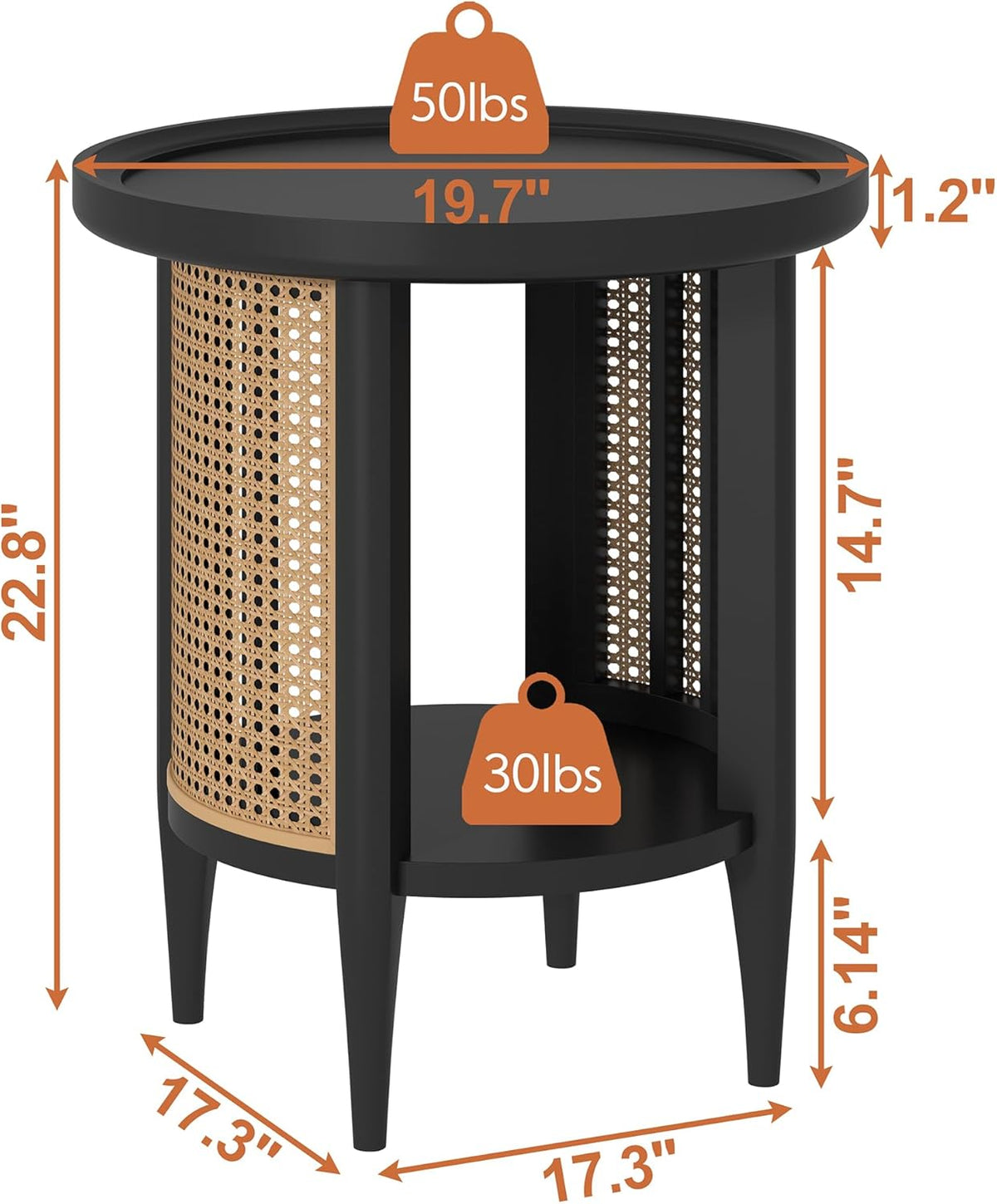 Yusong Round End Table Rattan Side Table with Solid Wood Legs, Boho Style Nightstand Bedside Table