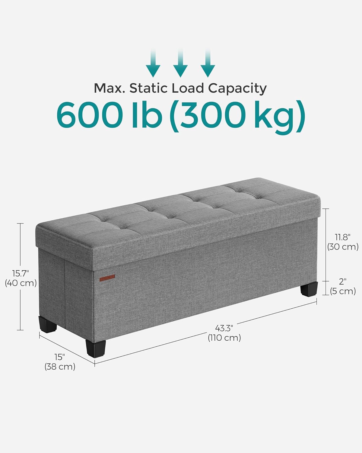 SONGMICS Storage Ottoman Bench, Foldable Foot Rest with Legs, 15 x 43 x 15.7 Inches, End of Bed