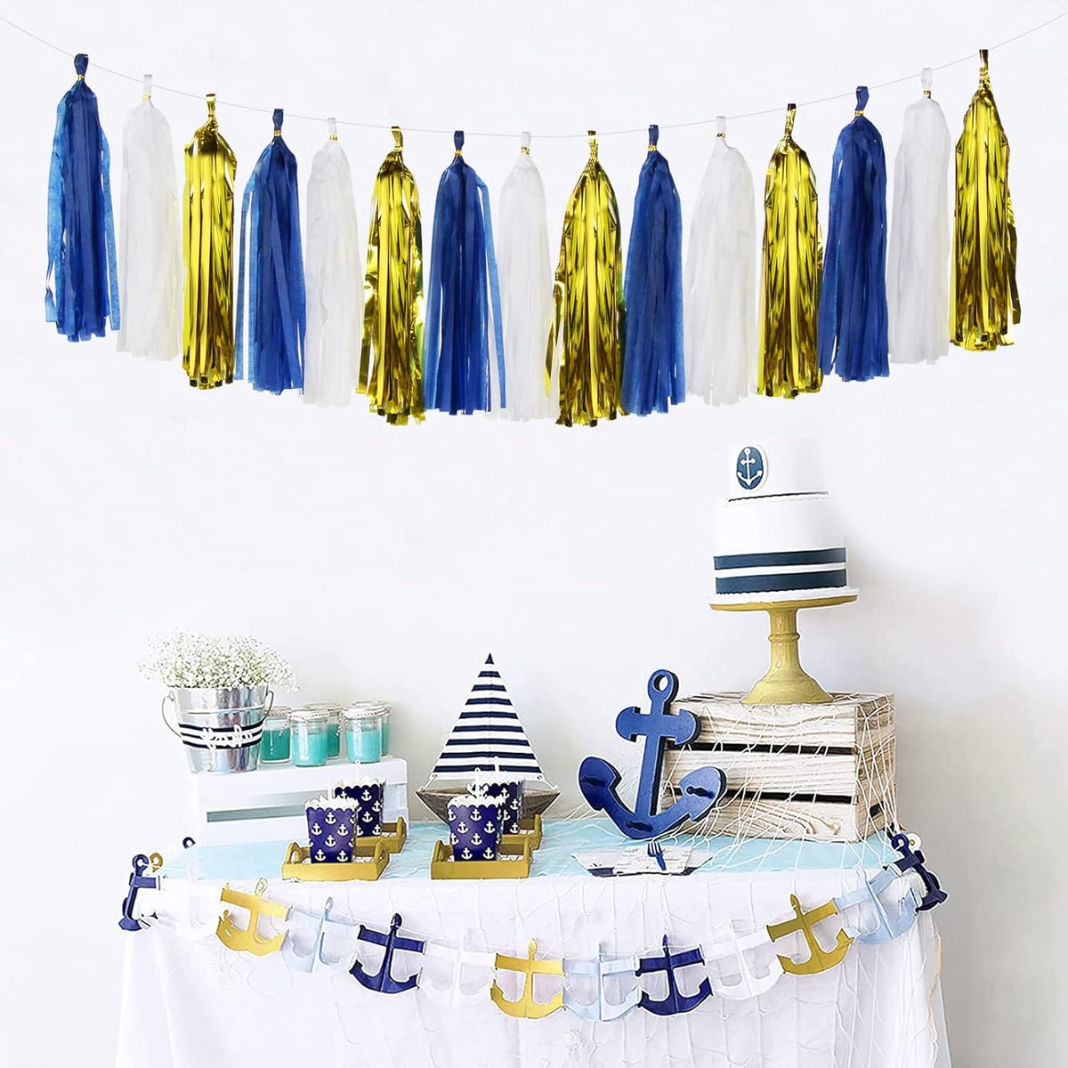 Navy-Blue White-Gold Tassel Garland Streamers- 15pcs Tissue Paper Tassels Banner Party Decorations