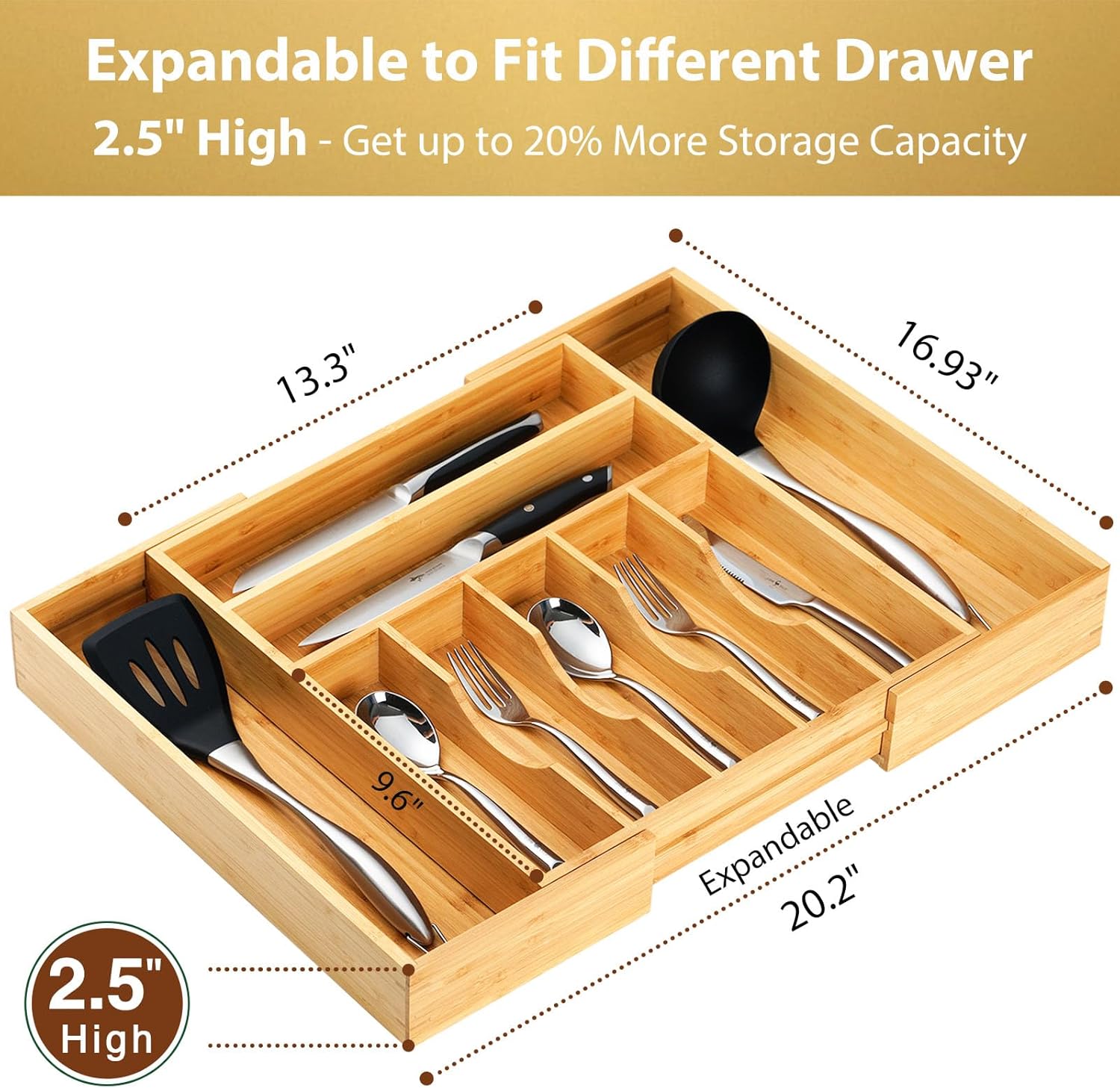 Umilife Large Expandable Kitchen Silverware Utensils Drawer Organizer, 2.5" Extra High Adjustable