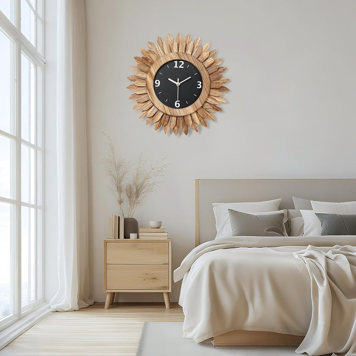 Honiway 14 Inch Wall Clock, Rustic Wood Boho Sunburst Decorative Wall Clocks Battery Operated