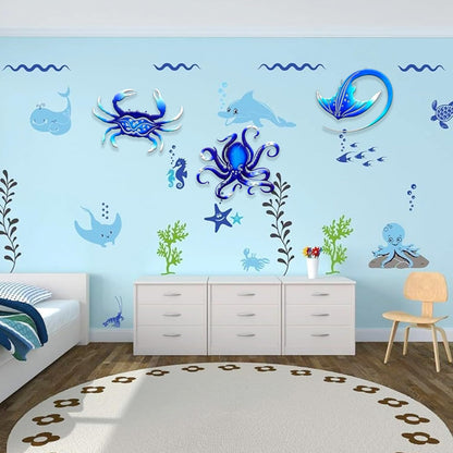 Weibefee Metal Wall Art Decor Octopus Crab Manta Ray Coastal Nautical Ocean Decor Concise 9'' Set