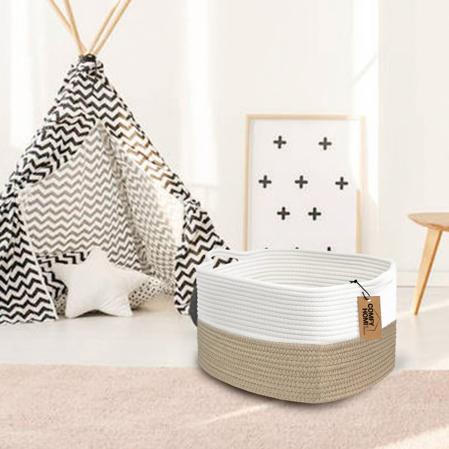 COMFY-HOMI Cotton Rope Woven Basket with Handles for Shelves,Toys,Book, Cloth Storage Baskets Bin