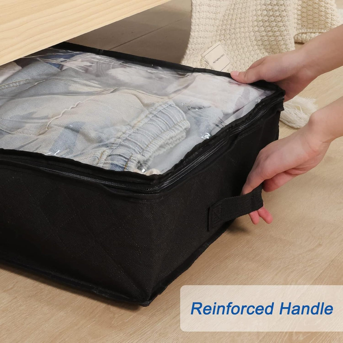 Fixwal 4 Pack Black Underbed Storage Bags with Clear Window and 2 Reinforced Handles Under Bed