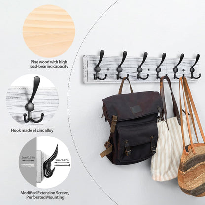 Coat Rack Wall Mount, Wooden Heavy Duty Coat Rack for Wall,6 Triple Coat Hanger Hooks for Hanging