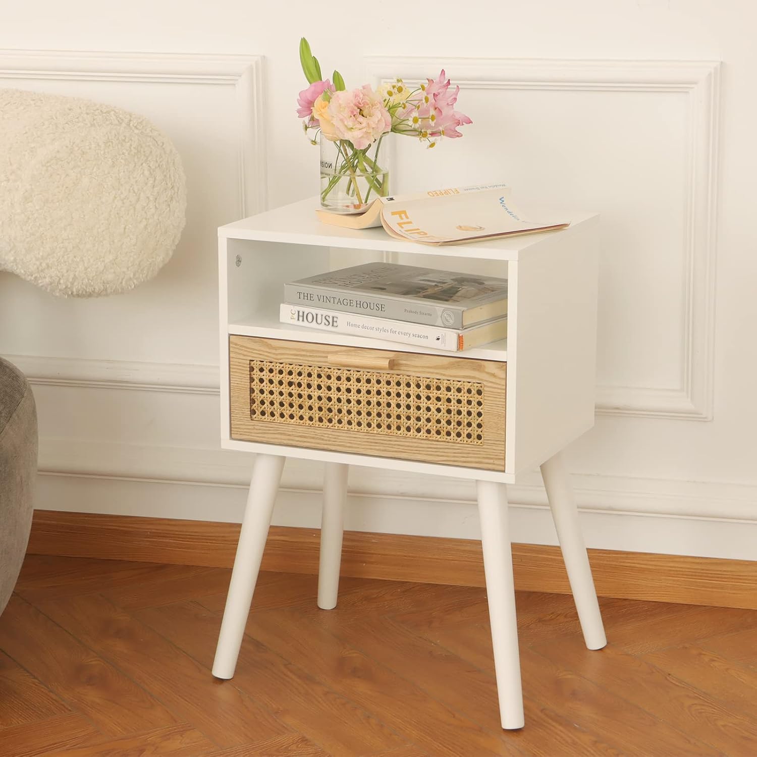 MaxSmeo White Nightstand with Drawer, Mid Century Modern Nightstand, Rattan Side Table, End Table