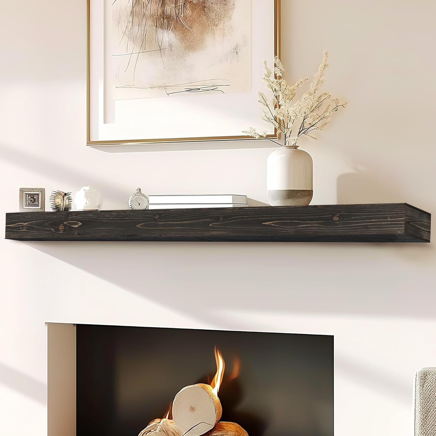 72x8x3 Fireplace Mantel - Handcrafted Hollow Rustic Solid Wood Wall Mounted Floating Shelf with
