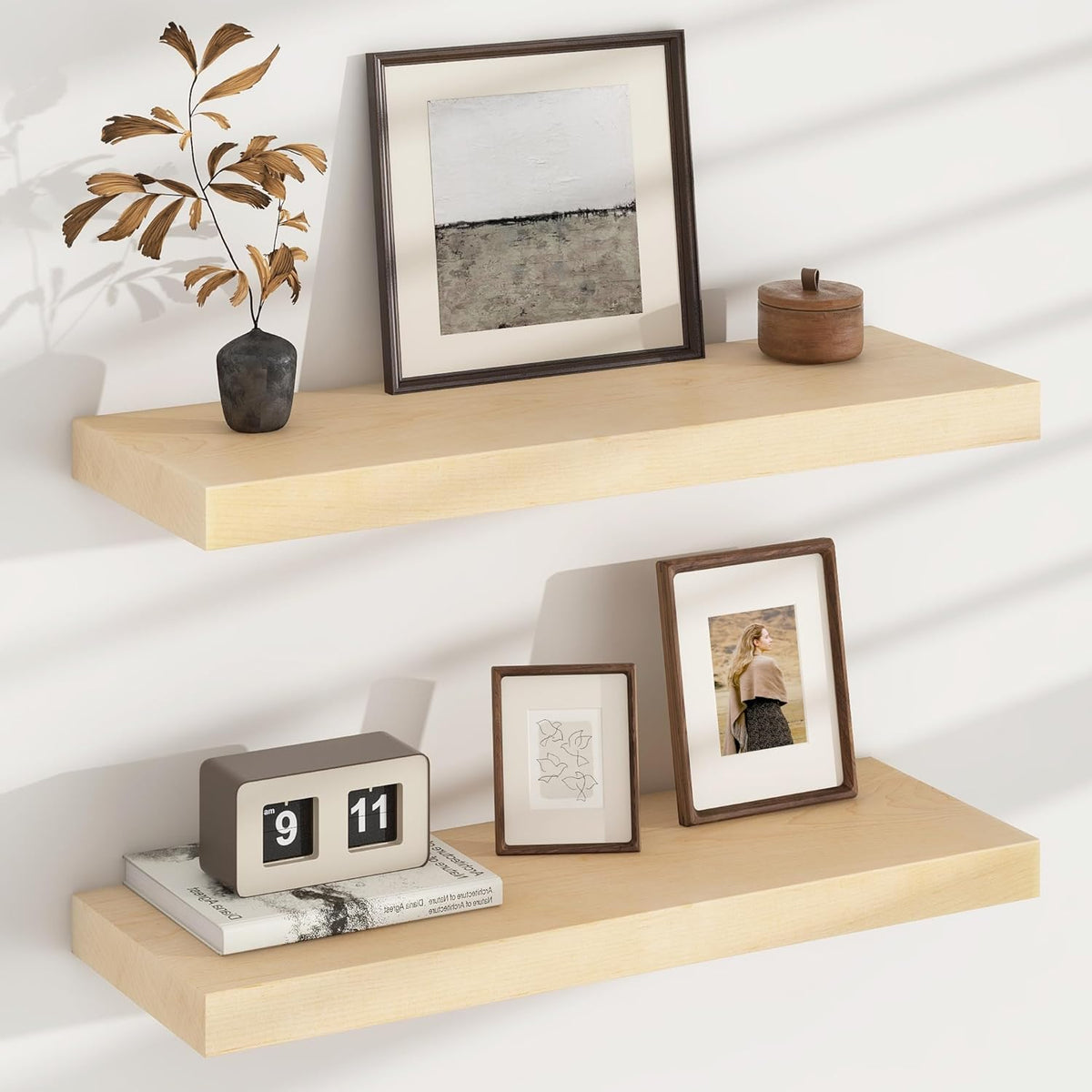 Floating Shelves for Wall, USA-Sourced Maple Wood 24 Inch Wall Shelves Set of 2, Natural Wooden