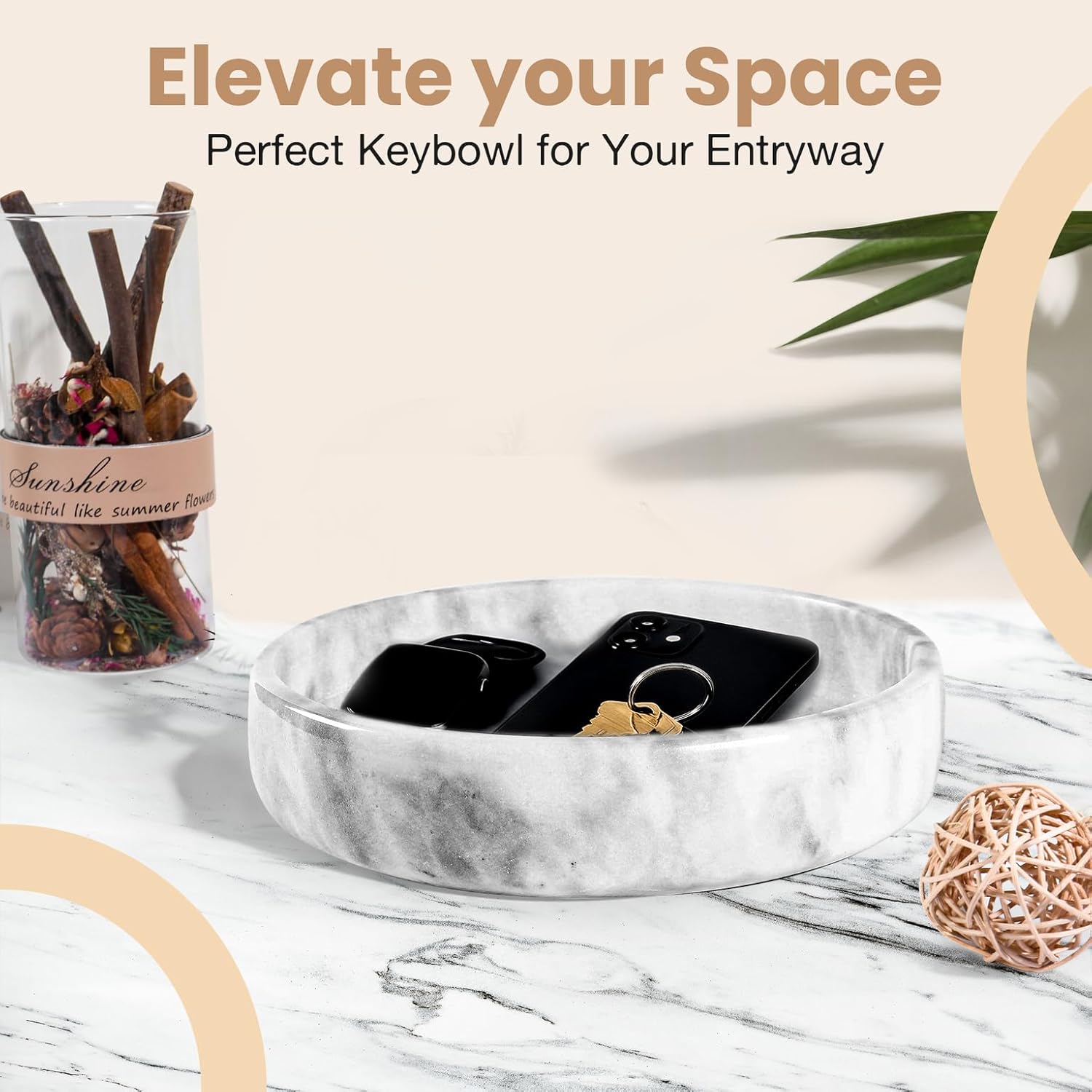 Marble Decorative Bowl - 7.5" White/Grey Solid Marble Centerpiece - Handmade Stone Fruit Bowl