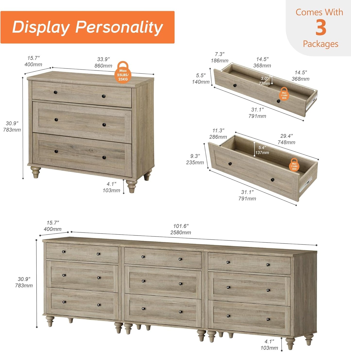 WAMPAT Dresser for Bedroom with 9 Drawers, Kids Dressers with Wide Chest of Drawers, Modern Wooden