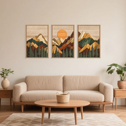 Celestdeco Woodcut Style Mountain Framed Canvas Wall Art Set, Large Brown Ridge Wall Decor, Boho