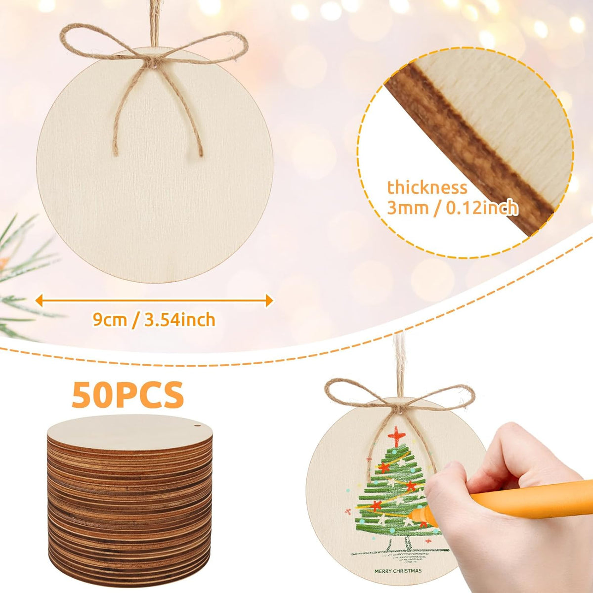 Philorn 50pcs Wooden Ornaments for Crafts 3.5" Unfinished DIY Wooden Christmas Ornaments