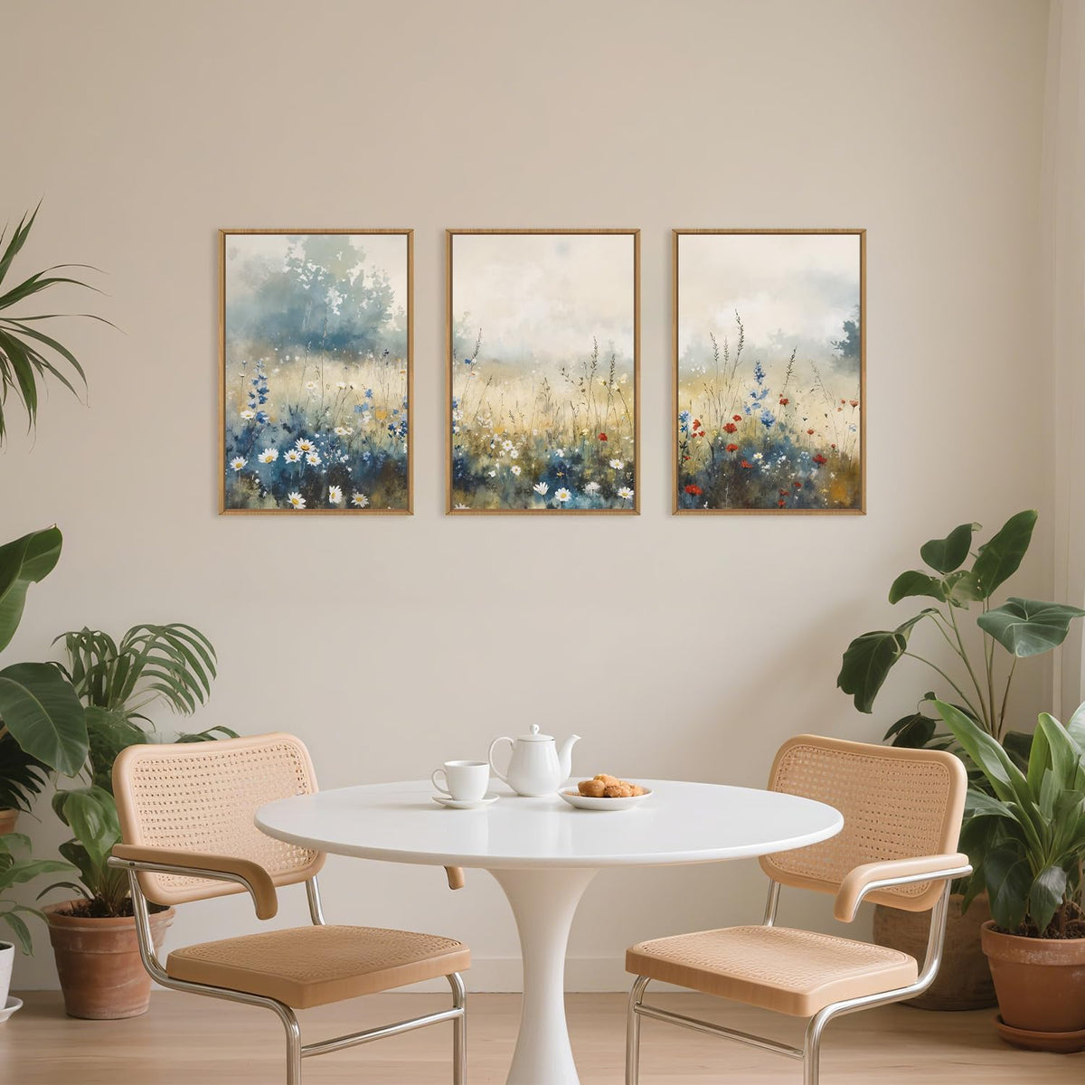 Nature Wildflower Framed Canvas Wall Art Set, Pastoral Landscape Wall Decor, Colorful Meadow Wall