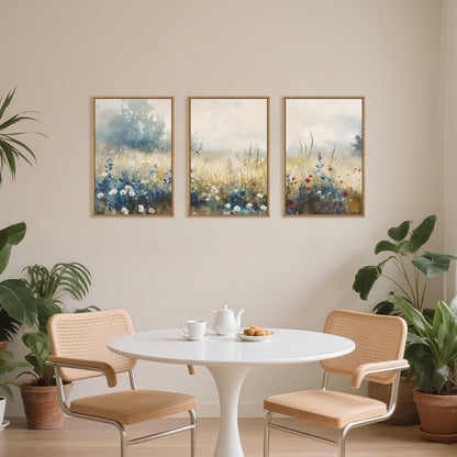 Nature Wildflower Framed Canvas Wall Art Set, Pastoral Landscape Wall Decor, Colorful Meadow Wall