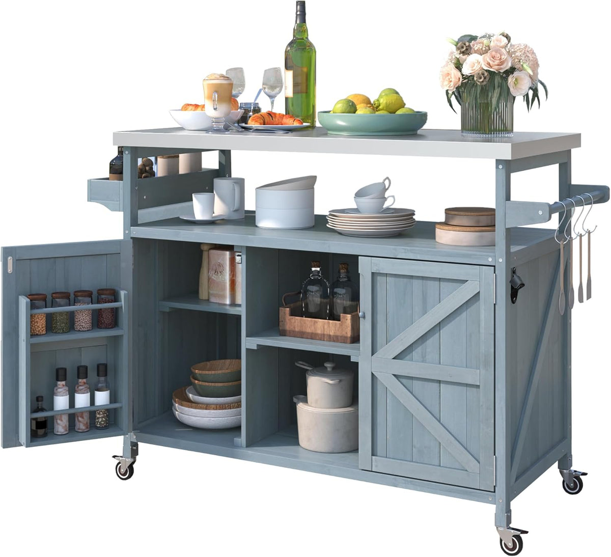 Outdoor Kitchen Island, Rolling Bar Cart & Storage Cabinet, Farmhouse Solid Wood Outdoor Grill