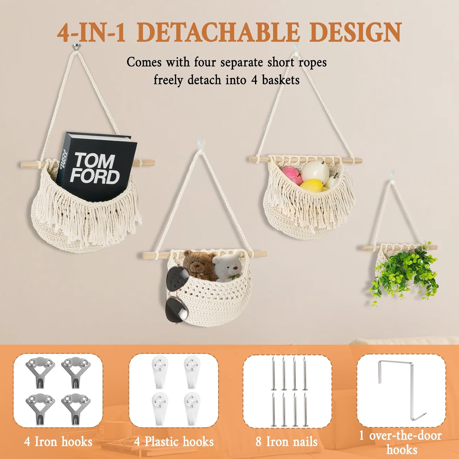 4 Tier Hanging Fruit Basket for Kitchen, Beige Boho Cotton Rope Crocheted Fruit Holder for Bathroom
