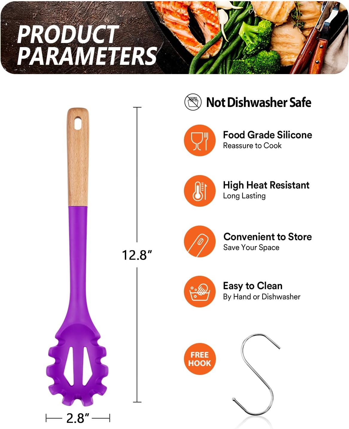 Silicone Pasta Fork, Kitchen Heat Resistant Noodle Spoon Server, BPA Free Spaghetti Strainer,12.8