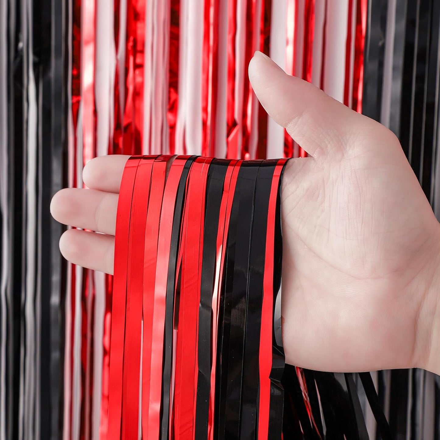 3 Pack 3.3x8.2 Feet Red and Black Foil Fringe Backdrop Curtains, Tinsel Streamers Birthday Party