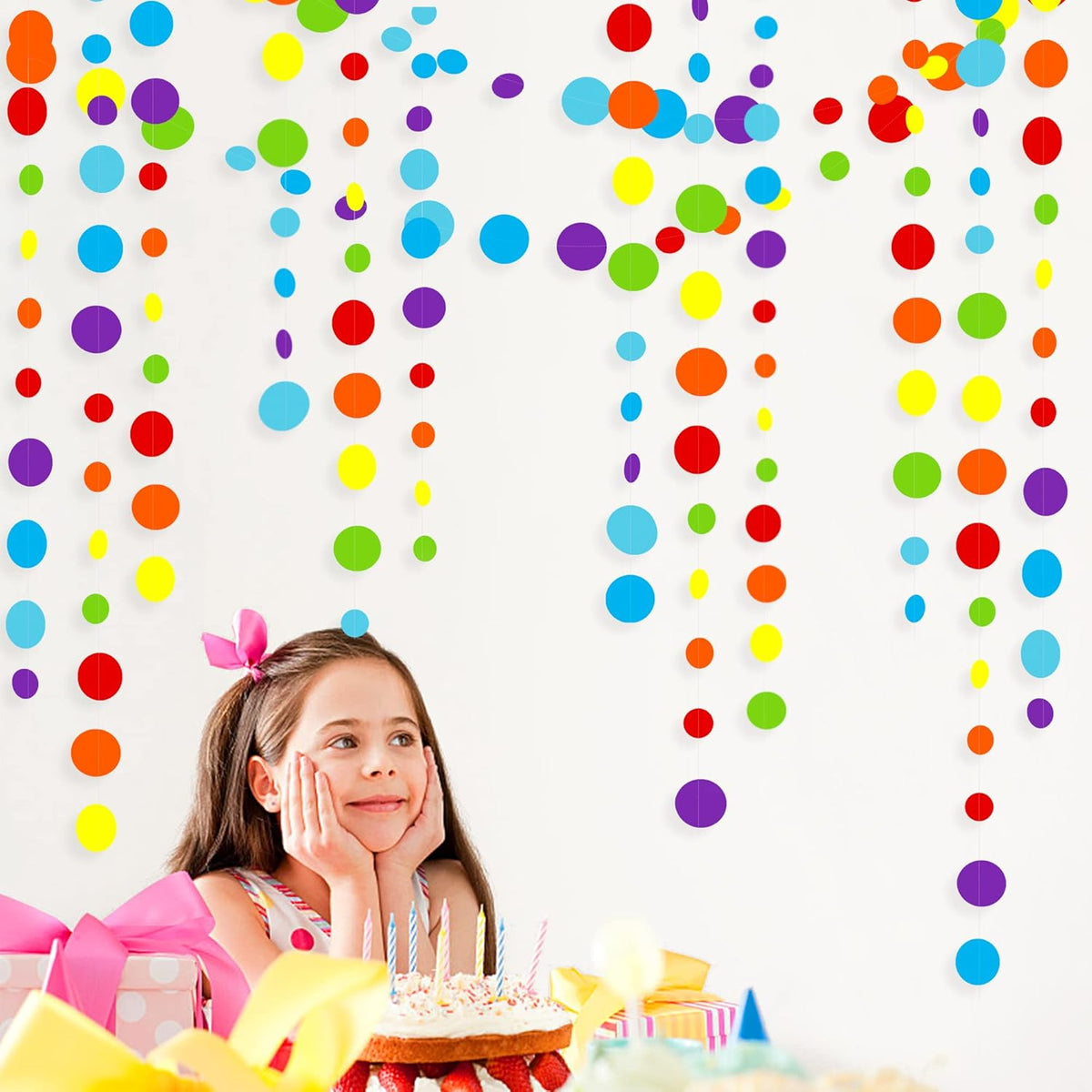 46Ft Rainbow Garland Colorful Circle Dots Hanging Paper Streamer Backdrop Multi Color Polka Dot