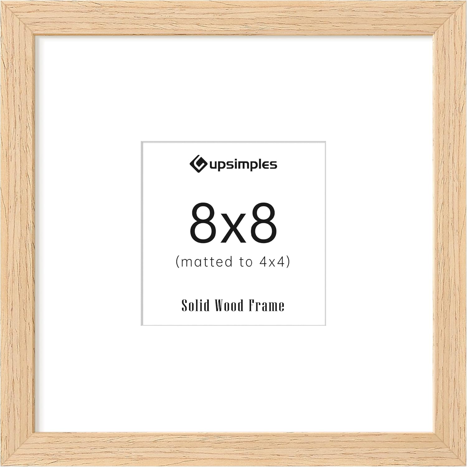 upsimples 8x8 Picture Frames, Natural Solid Wooden Picture Frames, Display 4x4 with Mat or 8 x 8