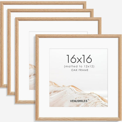 16x16 Picture Frame Set of 4 Natural Solid Oak Photo Frames with 12x12 Removable Mat Wall Hanging