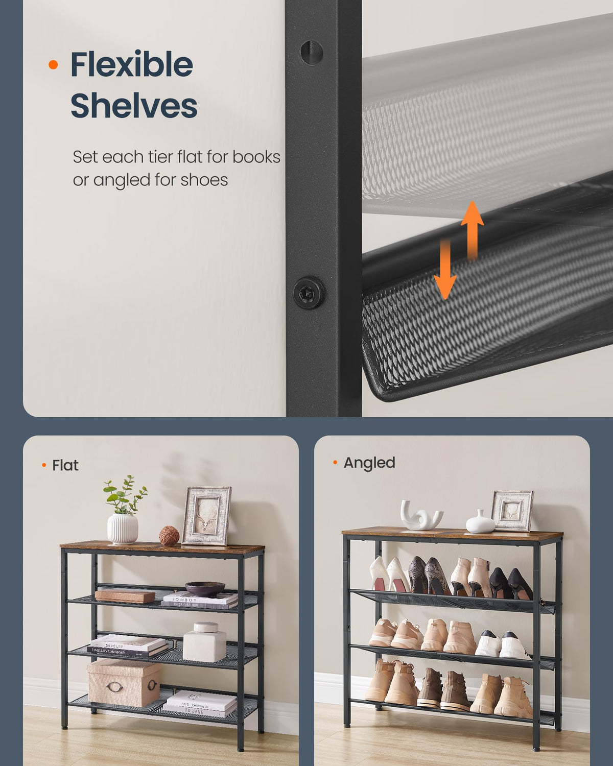 SONGMICS HOME 4 Tier Shoe Storage Organizer, Freestanding Shoe Rack, Dense Mesh, for Living Room