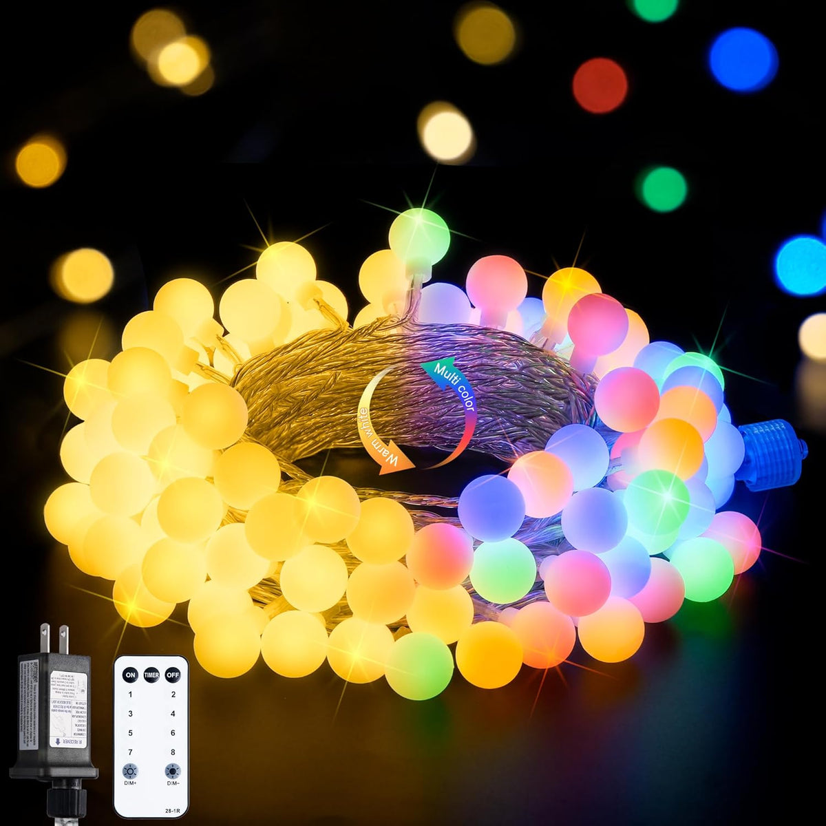 JMEXSUSS Globe String Lights Indoor, Color Changing Fairy Lights Plug in, Warm White & Multicolor