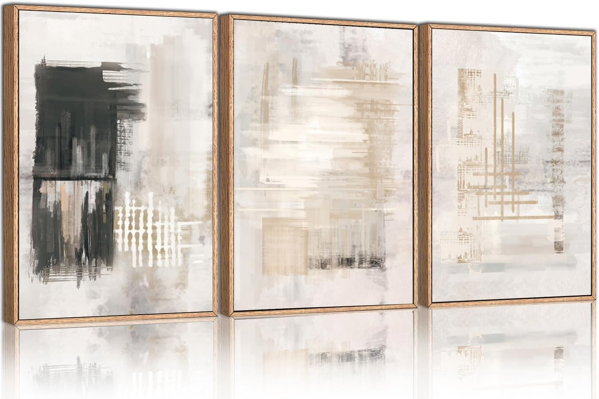 HPINUB Modern Abstract Canvas Wall Art, Set of 3 Framed Art Prints, Black and White Large Wall