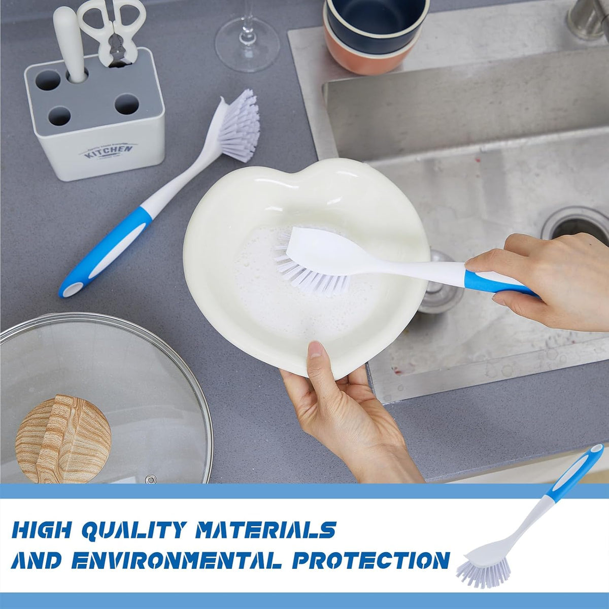 Hsei 10 Pcs Blue Kitchen Scrub Dish Brush Bulk with 11 Inch Anti Slip Handle Cleaning Dish Scrubber