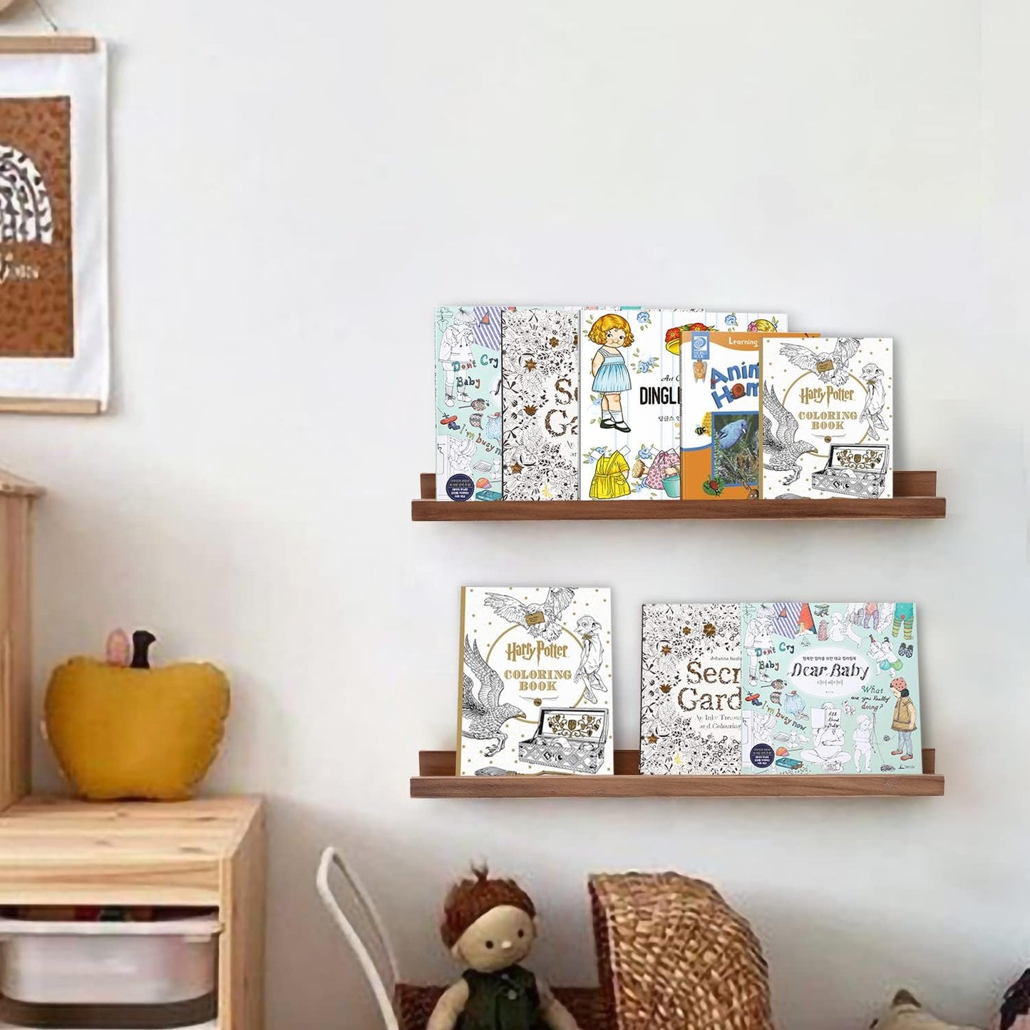 AZSKY Floating Nursery Book Shelves Light Fair Pale Walnut Rustic Picture Photo Ledge Shelves Wall