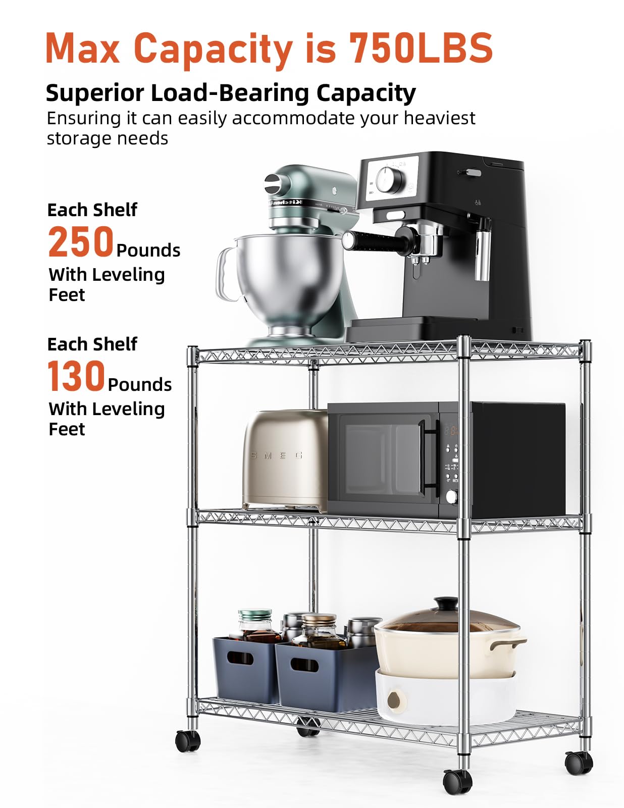 Simple Deluxe 3-Tier Storage Shelves, 750 Lbs Loading Capacity, 24.02" W x 13.78" D x 29.92" H