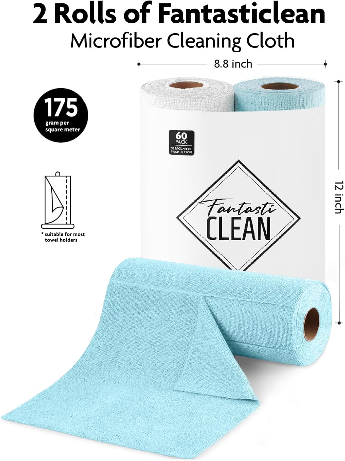 Fantasticlean Microfiber Cleaning Cloth Roll -60 Pack, Tear Away Microfiber Towels, 12" x 12"