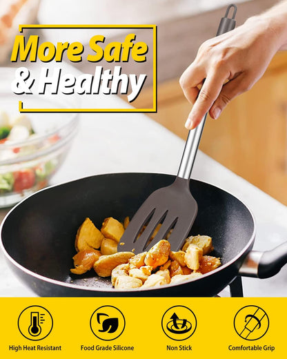 Pack of 2 Silicone Solid Turner, Non Stick Slotted Kitchen Spatulas, High Heat Resistant BPA Free