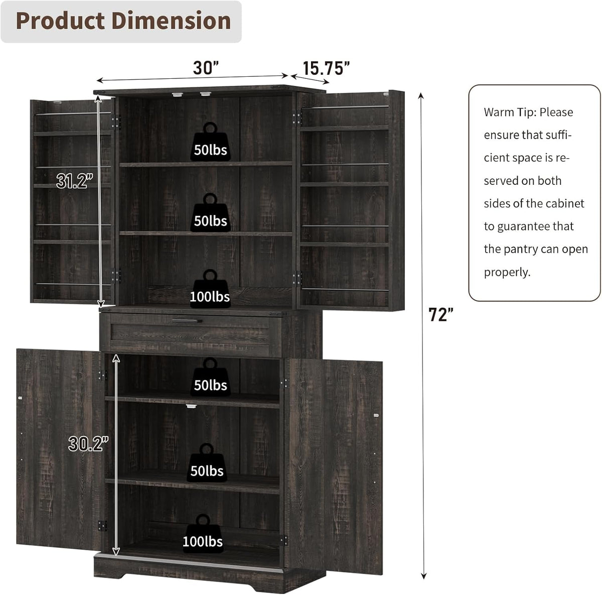Pantry Organizers and Storage Cabinet, 70” Barn Door White Kitchen Cabinet with Drawers and