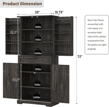 Pantry Organizers and Storage Cabinet, 70” Barn Door White Kitchen Cabinet with Drawers and
