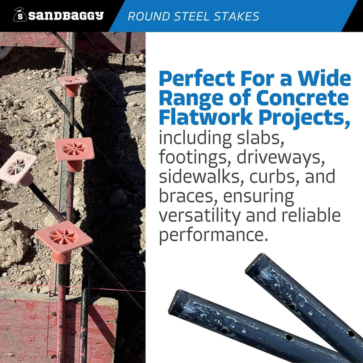 Sandbaggy Round Steel Concrete Form Stakes with Nail Holes - Rust Resistant Coating - Removable
