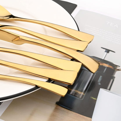 24-Piece Gold Flatware, Mirror 18/10 Stainless Steel Modern & Luxury Dinnerware Set With Serrated