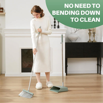 JOYMOOP Dark Teal Green Broom and Dustpan Set with 56” Handle, Upright Angle with Comb Teeth for