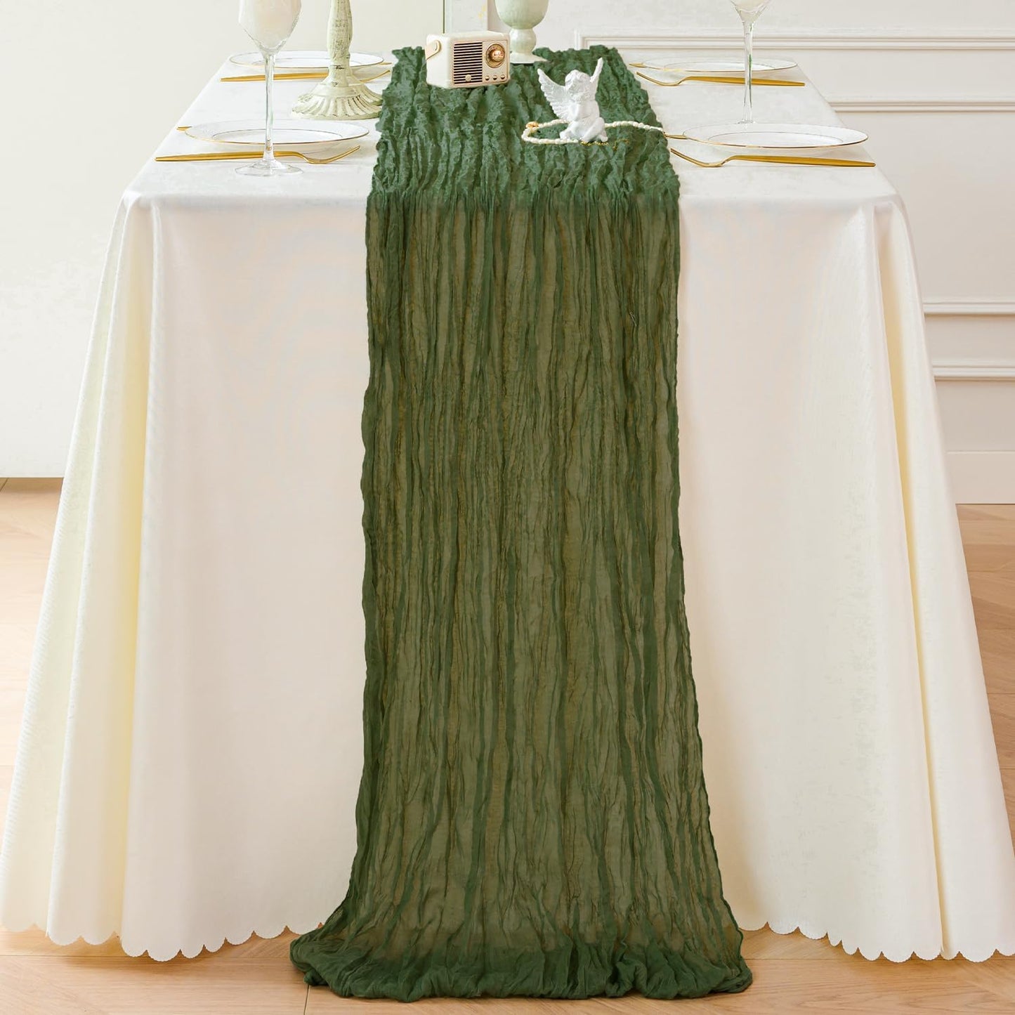 Sioloc 1 Pack Moss Green Cheesecloth Table Runner Fall Autumn Decor for Home 10ft Table Cloth for