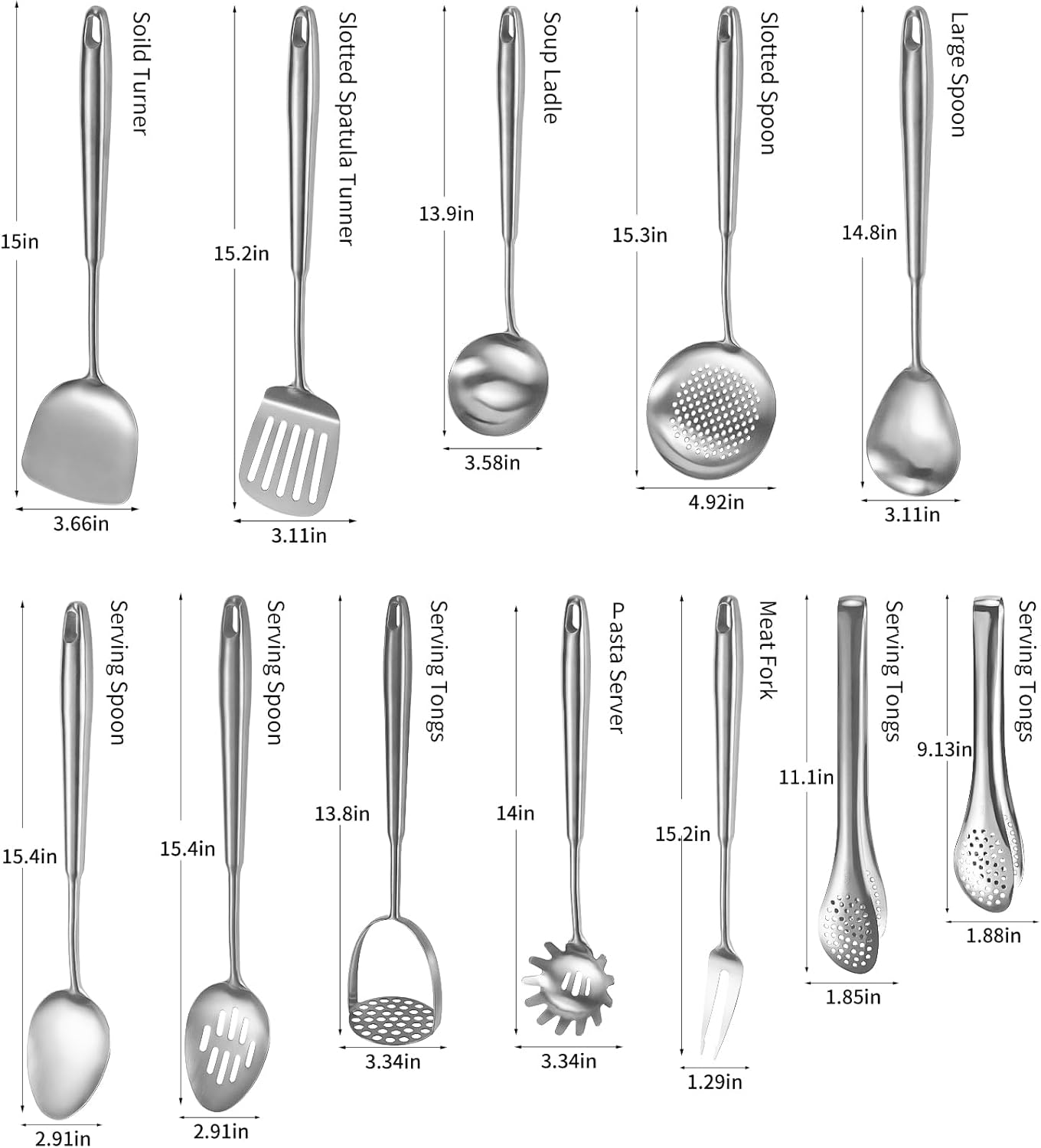 304 Stainlss Steel Kitchen Utensils Set, 12 Pcs Long Metal Cooking Utensil Gadgets Tools Set with