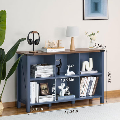 6 Cube Bookcase, Farmhouse Wood Low Storage Organizer Book Shelf, 47" Horizontal Navy Blue Console