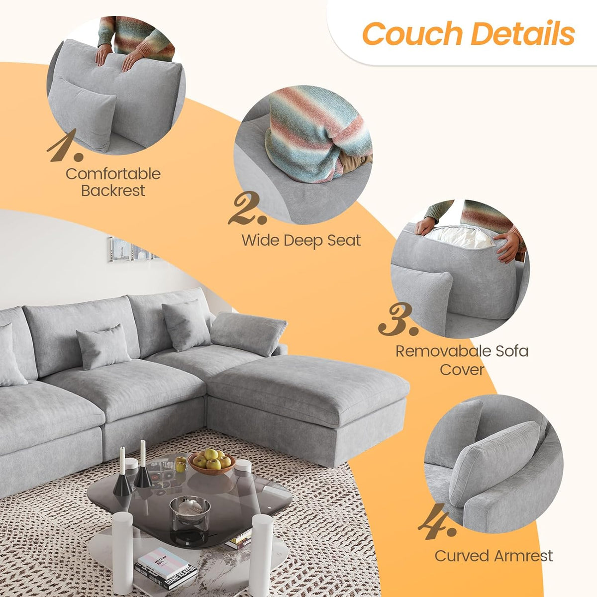 JACH L-Shaped Sectional Couches for Living Room, Cloud Sectional Couch with Deep Seat, Modular