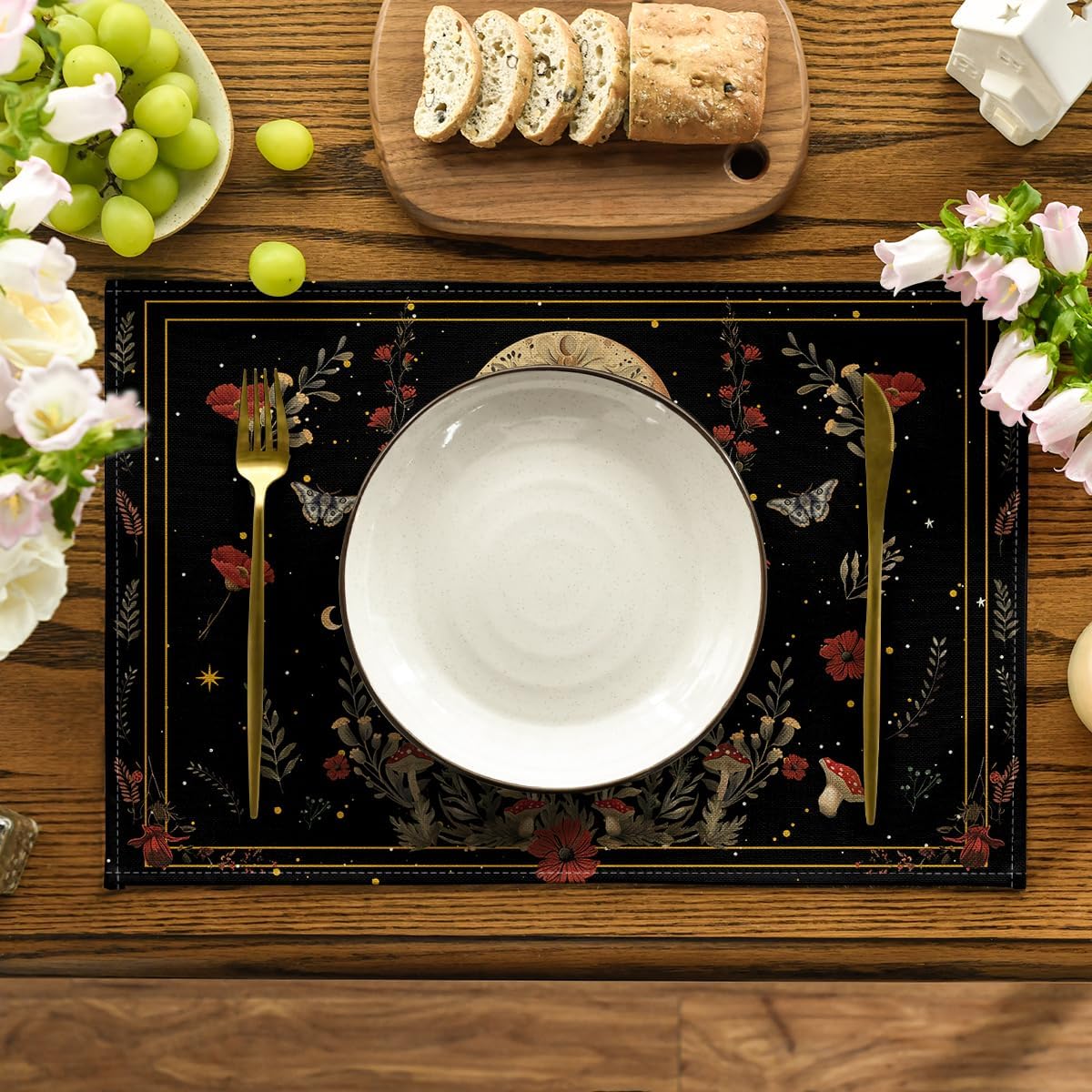 Artoid Mode Black Poppy Moth Moon Placemats Set of 4, 12x18 Inch Floral Spring Table Mats for
