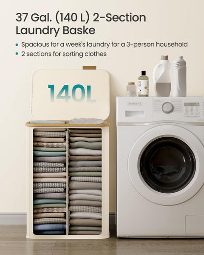 SONGMICS Laundry Hamper, Laundry Basket with Lid, Foldable Storage Basket, Bamboo Frame, for