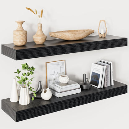 Heimlove 32 Inch Floating Shelves for Wall,Black 9.3" Deep Floating Shelf Set of 2,Wall Mounted