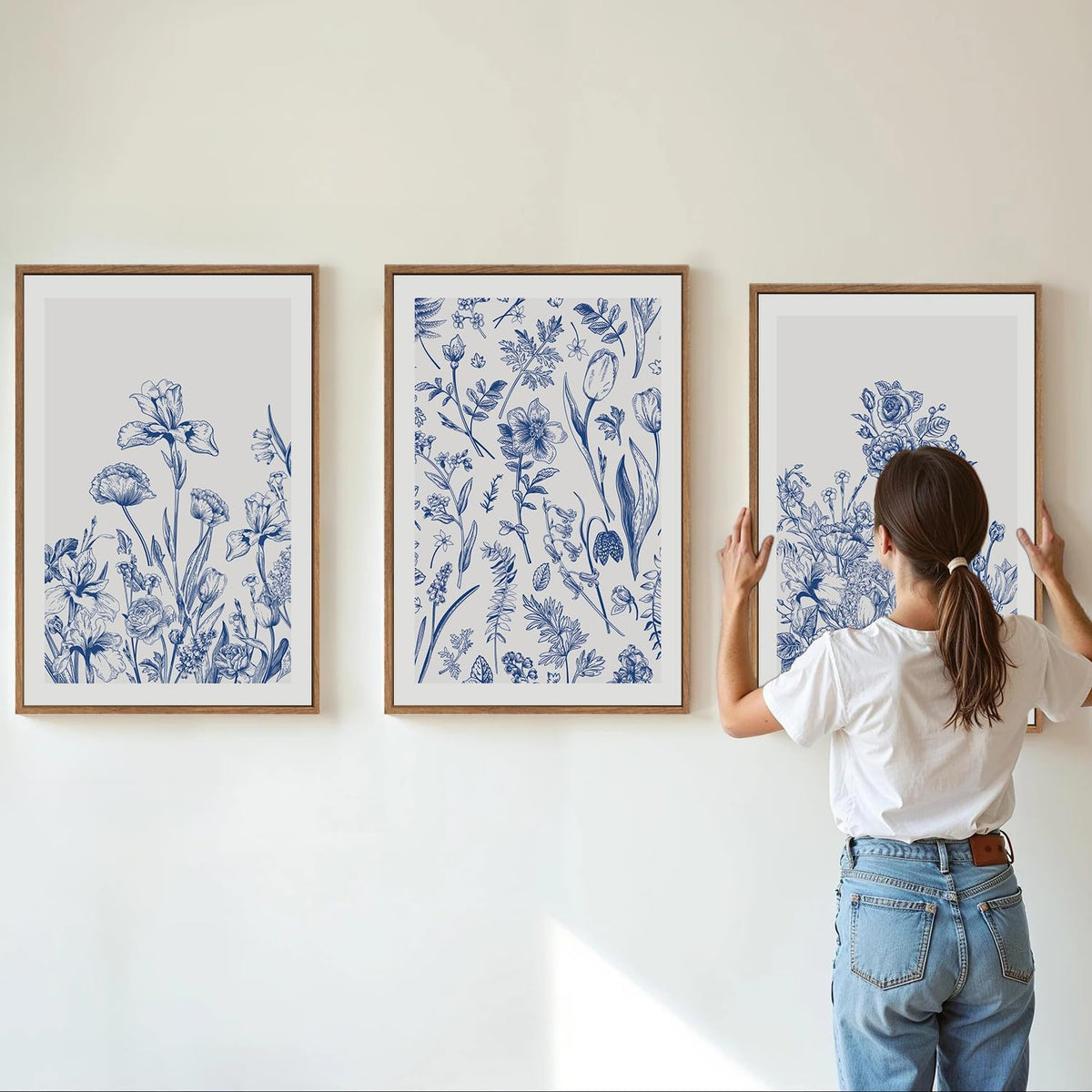 SIGNINART Classic Chinoiserie Botanical Framed Canvas Wall Art, Blue and White Floral Wall Decor