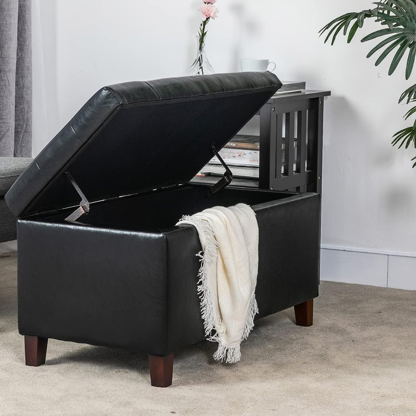 Asense Storage Ottoman Bench, Faux Leather Upholstered End of Bed Bench with Safety Hinge Wooden