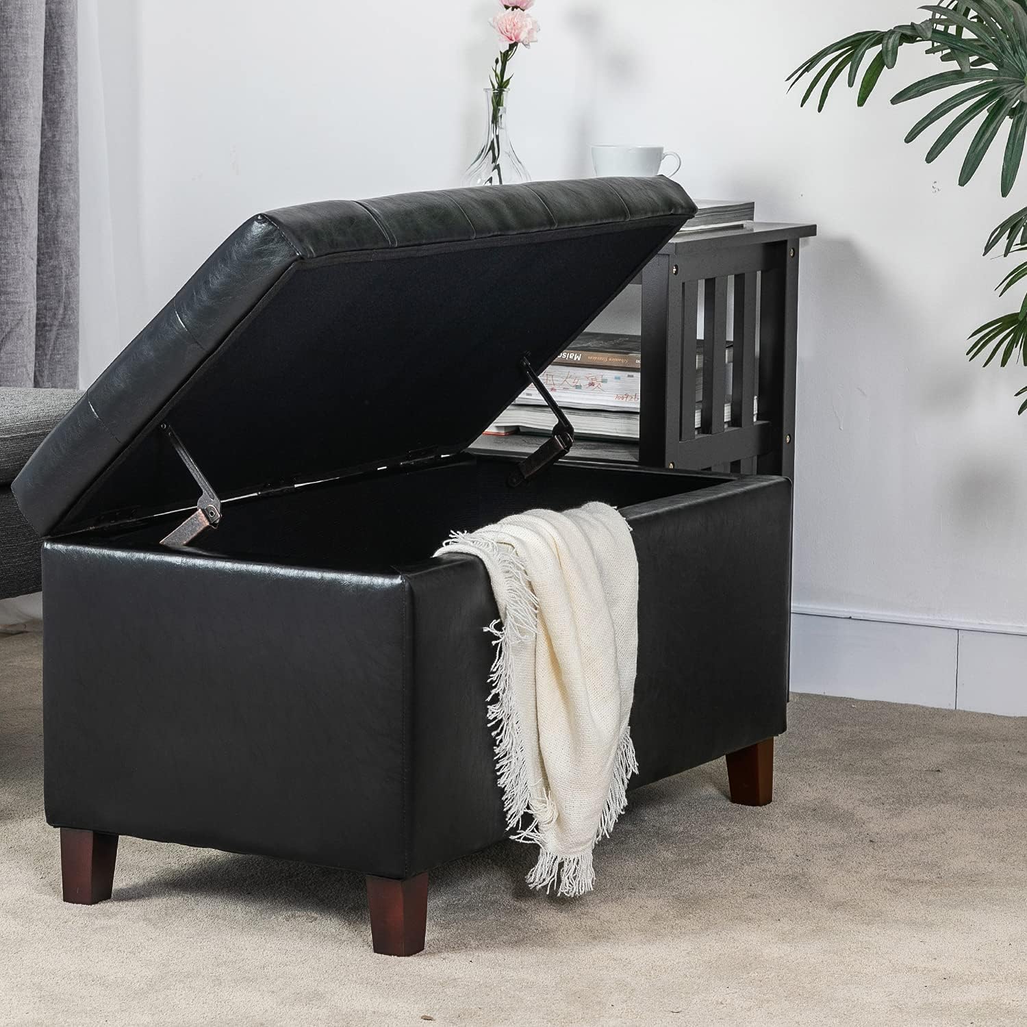 Asense Storage Ottoman Bench, Faux Leather Upholstered End of Bed Bench with Safety Hinge Wooden