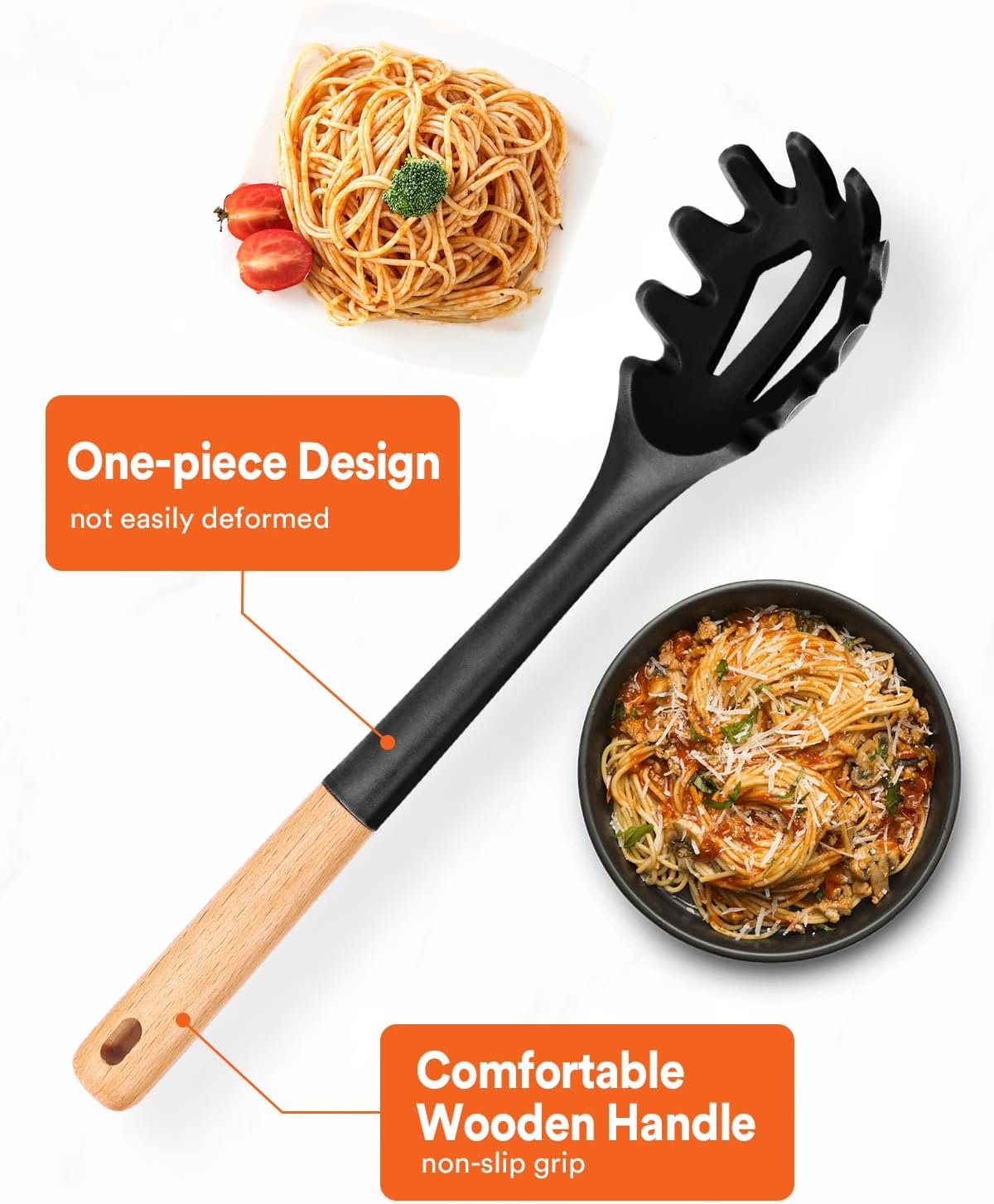 Silicone Pasta Fork, Kitchen Heat Resistant Noodle Spoon Server, BPA Free Spaghetti Strainer,12.8