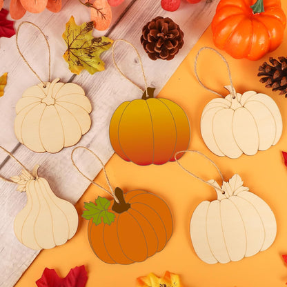 24 PCS Unfinished Wooden Fall Crafts, Pumpkin Shaped Hanging Ornaments DIY Wood Craft Cutouts for